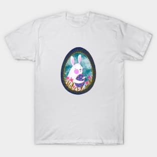 Cute white bunny with floral easter egg decoration on blue sky, version 5 T-Shirt